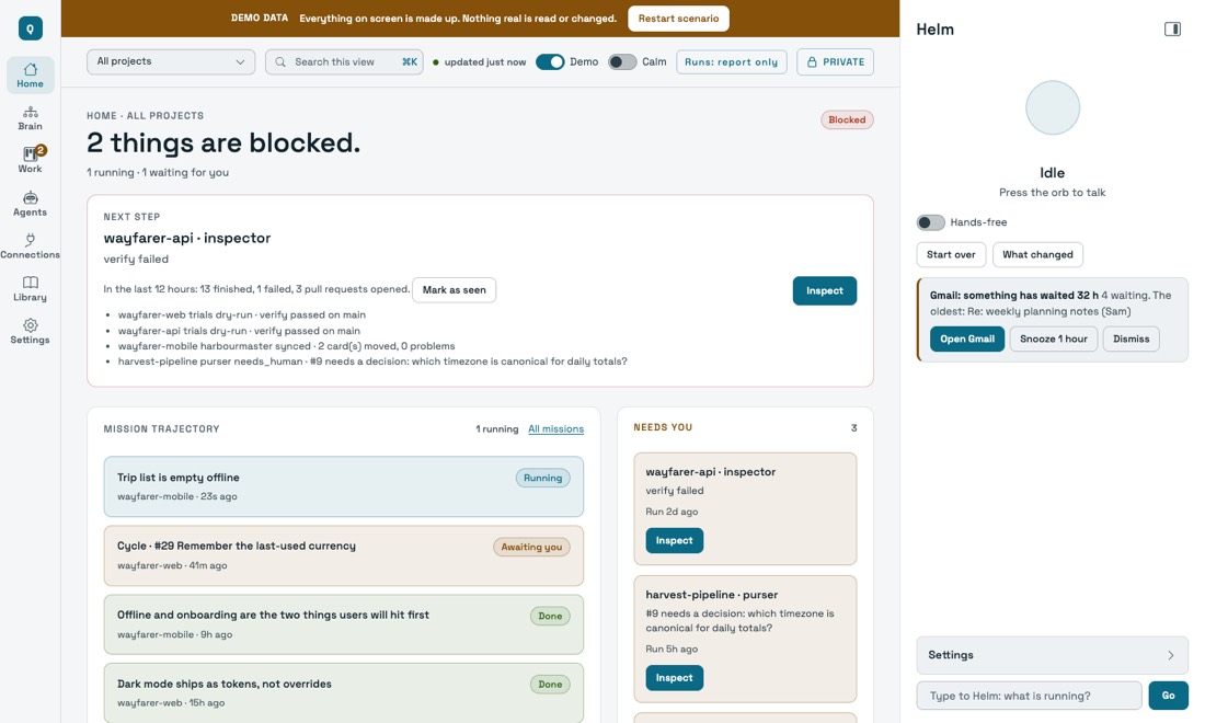 The Quarterdeck Home page with demo data: two things are blocked, one next step and a Needs you list